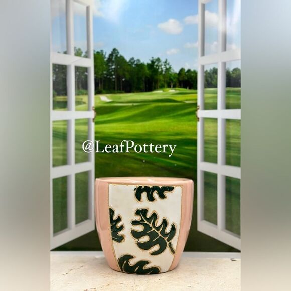 Monstera Leaf (SM) Pink/Green  Ceramic Planter Pot - Picture 1 of 11